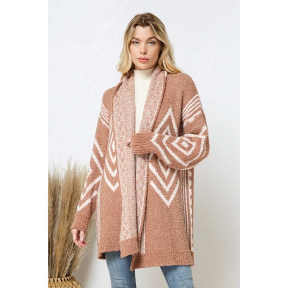 SOLD OUT Cozy Brown Soft Blanket Aztec Boho Tribal Knit Open Cardigan Sweater - Picture 5 of 8